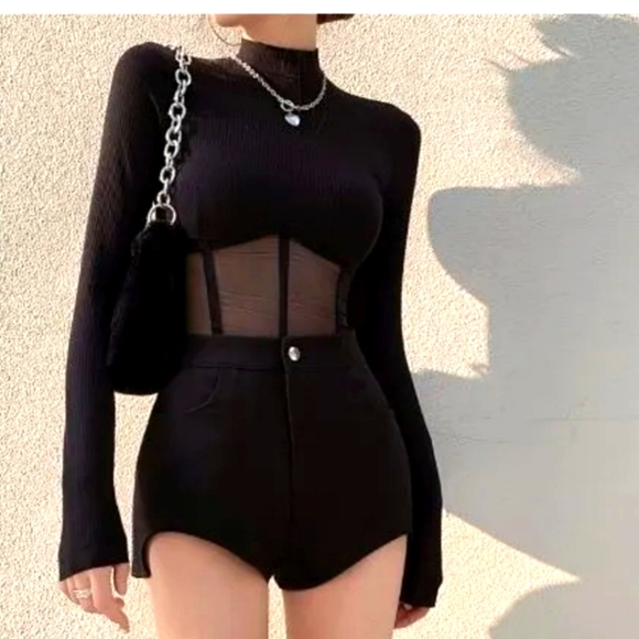Black ribbed corset mesh turtleneck bodysuit - Picture 1 of 9